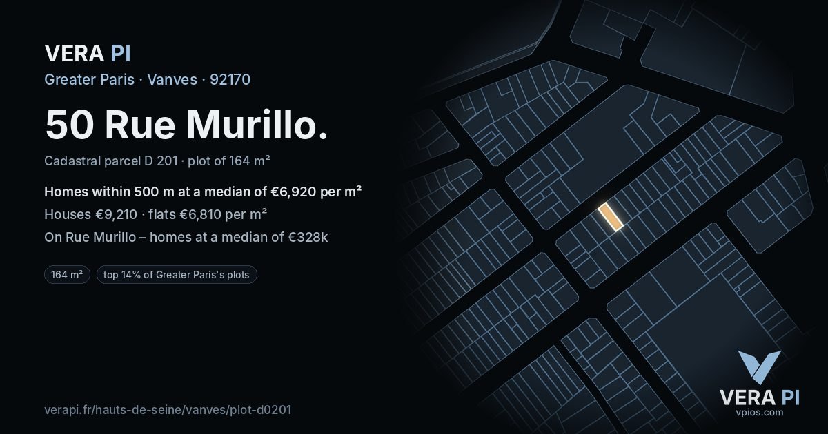 50 Rue Murillo, Vanves at night – the plot lit, the parcels around coloured by the prices near them