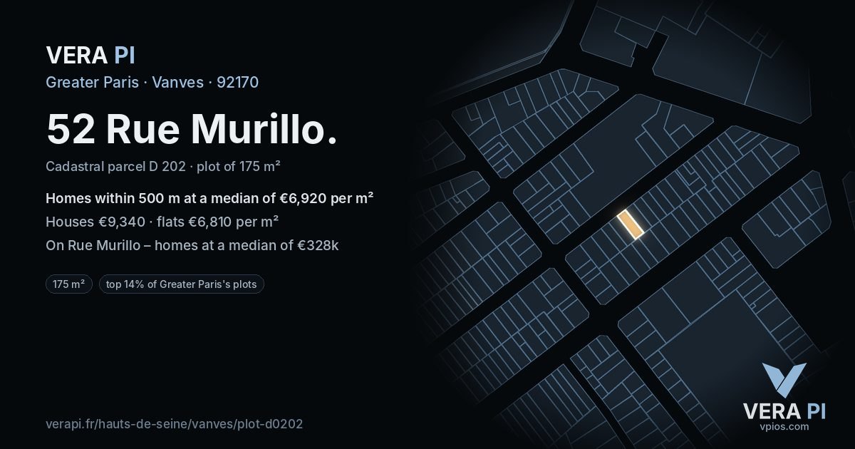 52 Rue Murillo, Vanves at night – the plot lit, the parcels around coloured by the prices near them