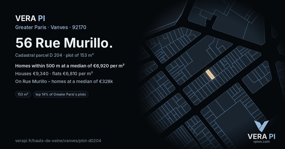 56 Rue Murillo, Vanves at night – the plot lit, the parcels around coloured by the prices near them
