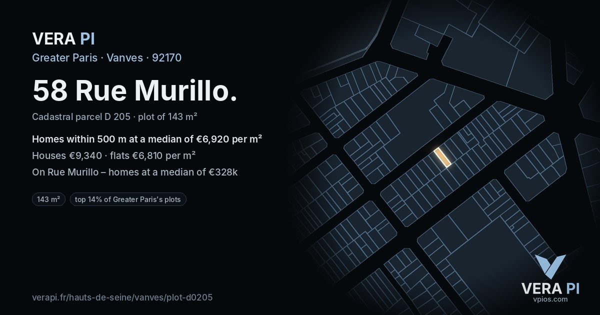 58 Rue Murillo, Vanves at night – the plot lit, the parcels around coloured by the prices near them