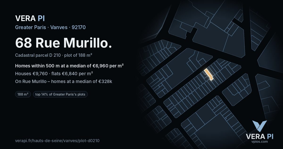 68 Rue Murillo, Vanves at night – the plot lit, the parcels around coloured by the prices near them