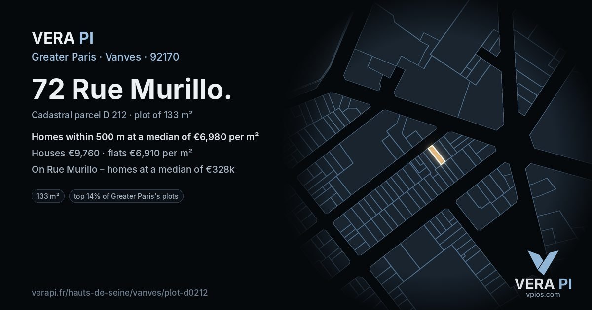 72 Rue Murillo, Vanves at night – the plot lit, the parcels around coloured by the prices near them