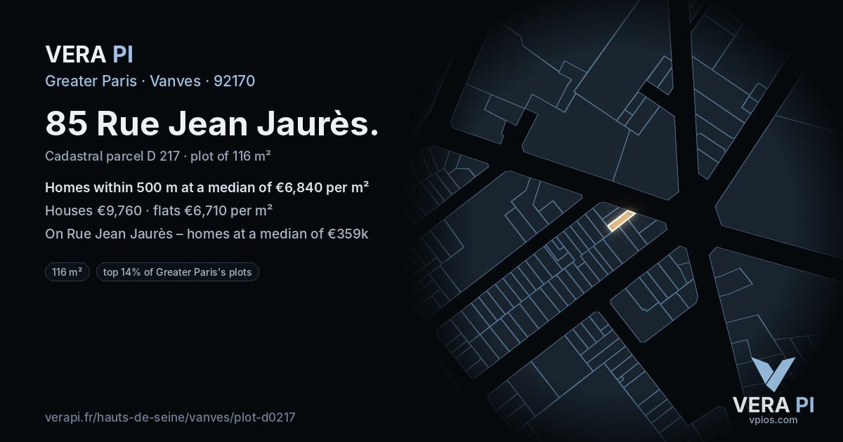 85 Rue Jean Jaurès, Vanves at night – the plot lit, the parcels around coloured by the prices near them