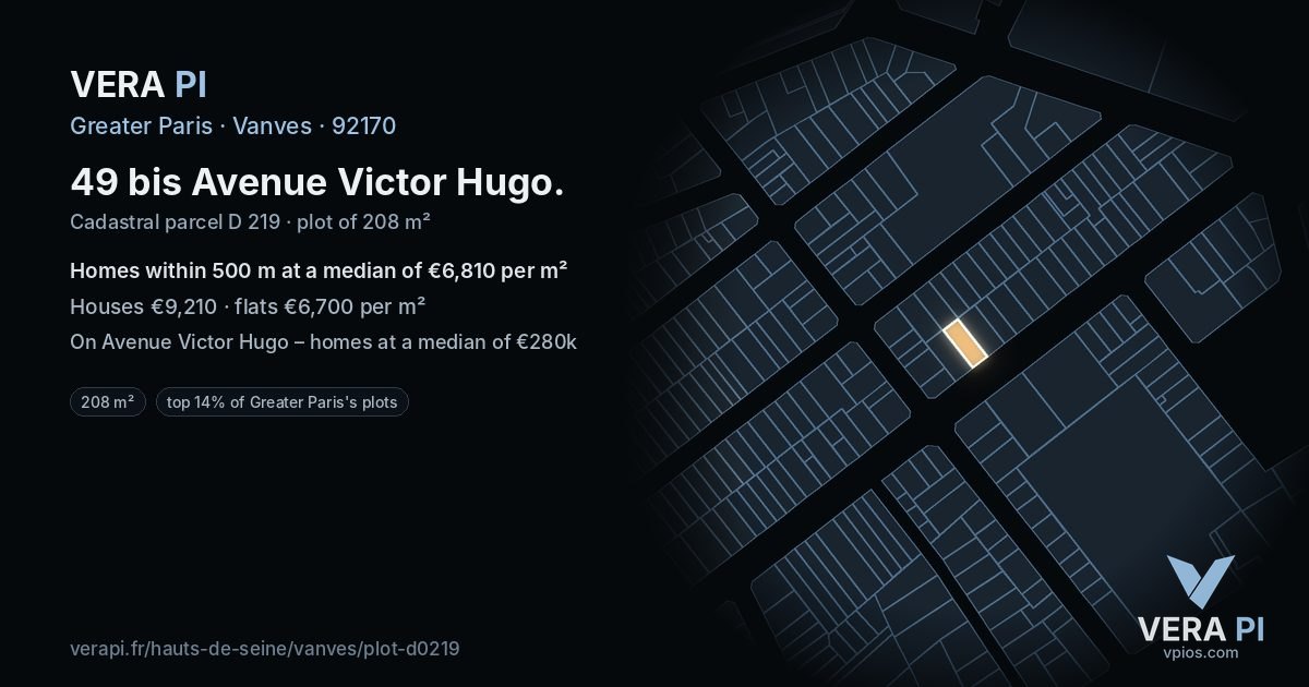 49 bis Avenue Victor Hugo, Vanves at night – the plot lit, the parcels around coloured by the prices near them