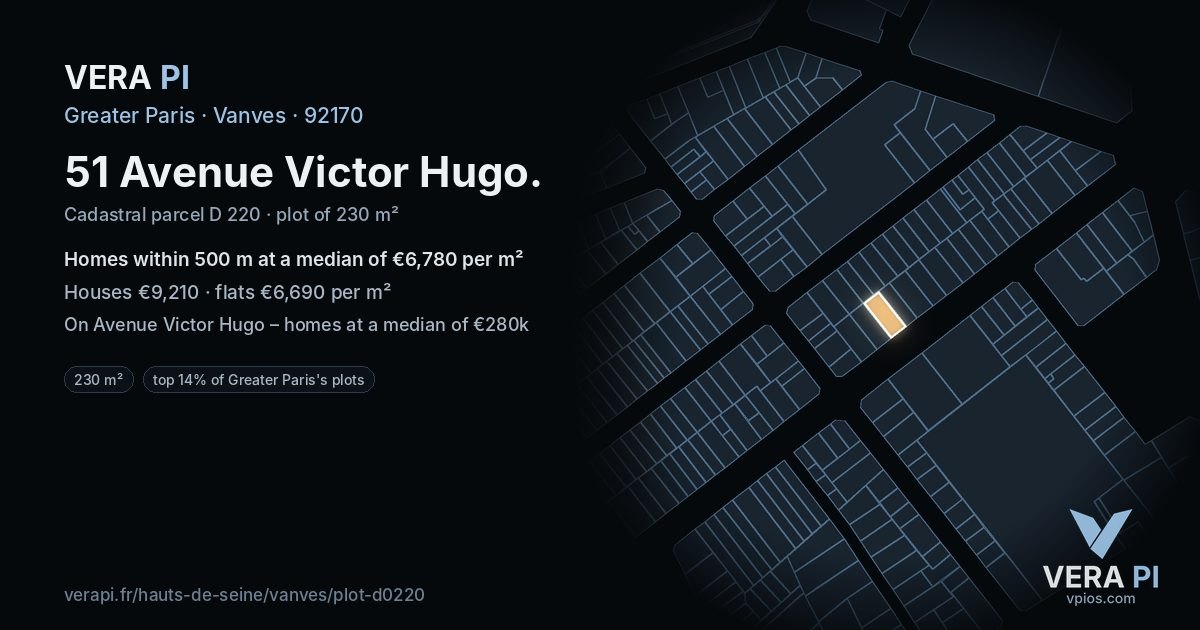 51 Avenue Victor Hugo, Vanves at night – the plot lit, the parcels around coloured by the prices near them