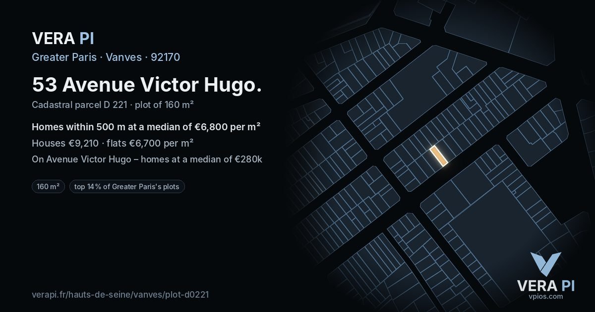 53 Avenue Victor Hugo, Vanves at night – the plot lit, the parcels around coloured by the prices near them
