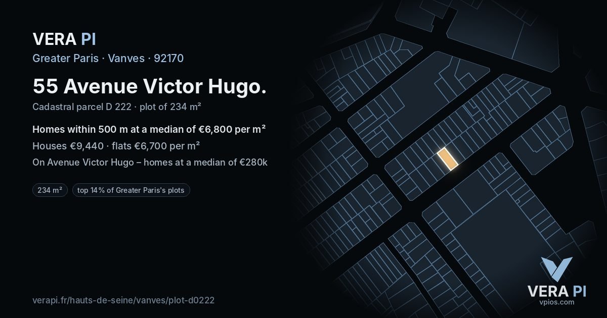 55 Avenue Victor Hugo, Vanves at night – the plot lit, the parcels around coloured by the prices near them