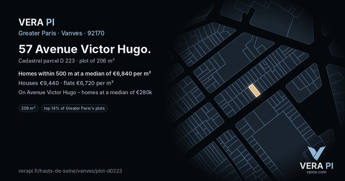 57 Avenue Victor Hugo, Vanves at night – the plot lit, the parcels around coloured by the prices near them