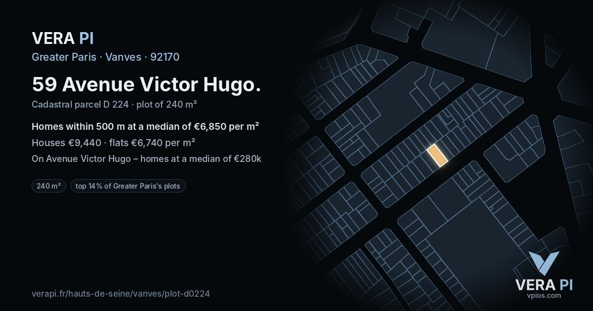 59 Avenue Victor Hugo, Vanves at night – the plot lit, the parcels around coloured by the prices near them