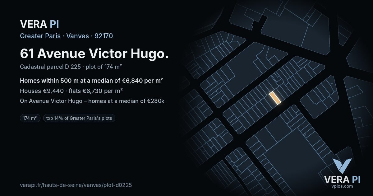 61 Avenue Victor Hugo, Vanves at night – the plot lit, the parcels around coloured by the prices near them