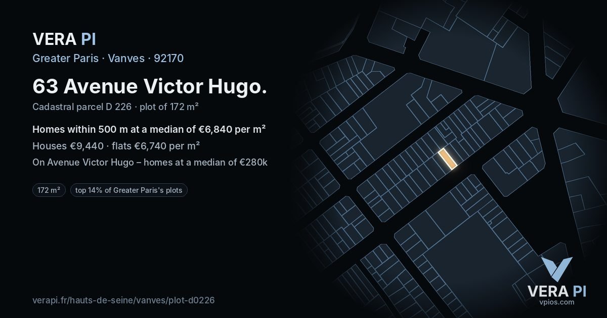 63 Avenue Victor Hugo, Vanves at night – the plot lit, the parcels around coloured by the prices near them