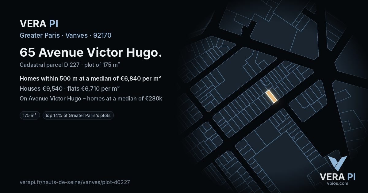 65 Avenue Victor Hugo, Vanves at night – the plot lit, the parcels around coloured by the prices near them