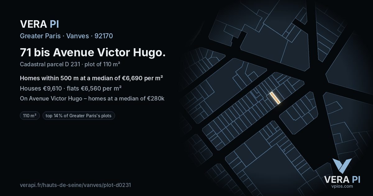71 bis Avenue Victor Hugo, Vanves at night – the plot lit, the parcels around coloured by the prices near them