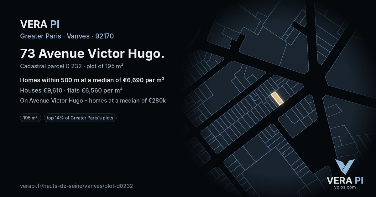 73 Avenue Victor Hugo, Vanves at night – the plot lit, the parcels around coloured by the prices near them
