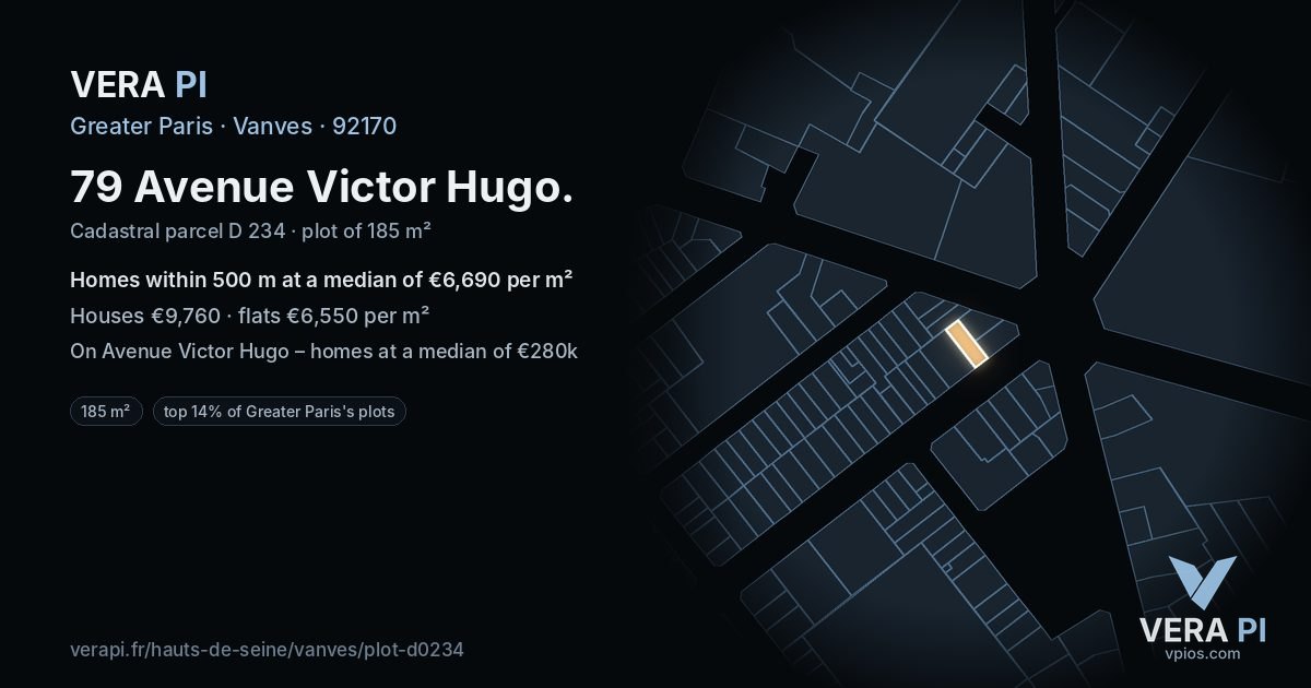 79 Avenue Victor Hugo, Vanves at night – the plot lit, the parcels around coloured by the prices near them
