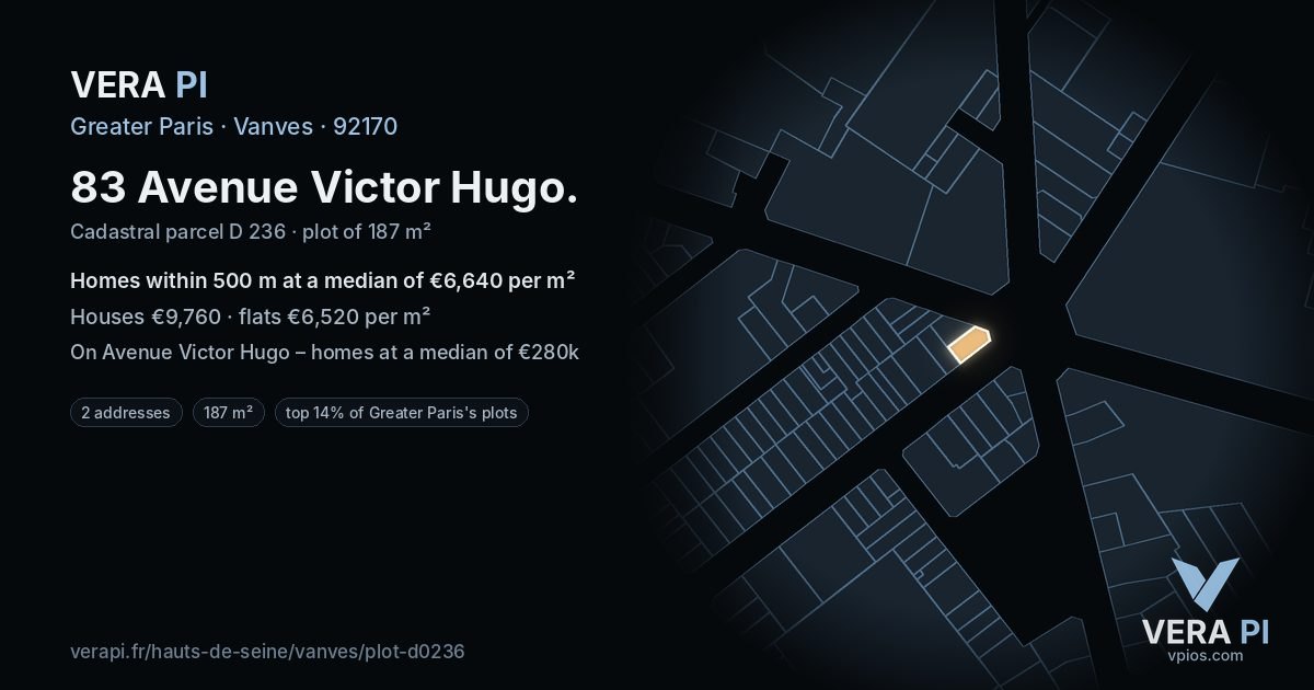 83 Avenue Victor Hugo, Vanves at night – the plot lit, the parcels around coloured by the prices near them