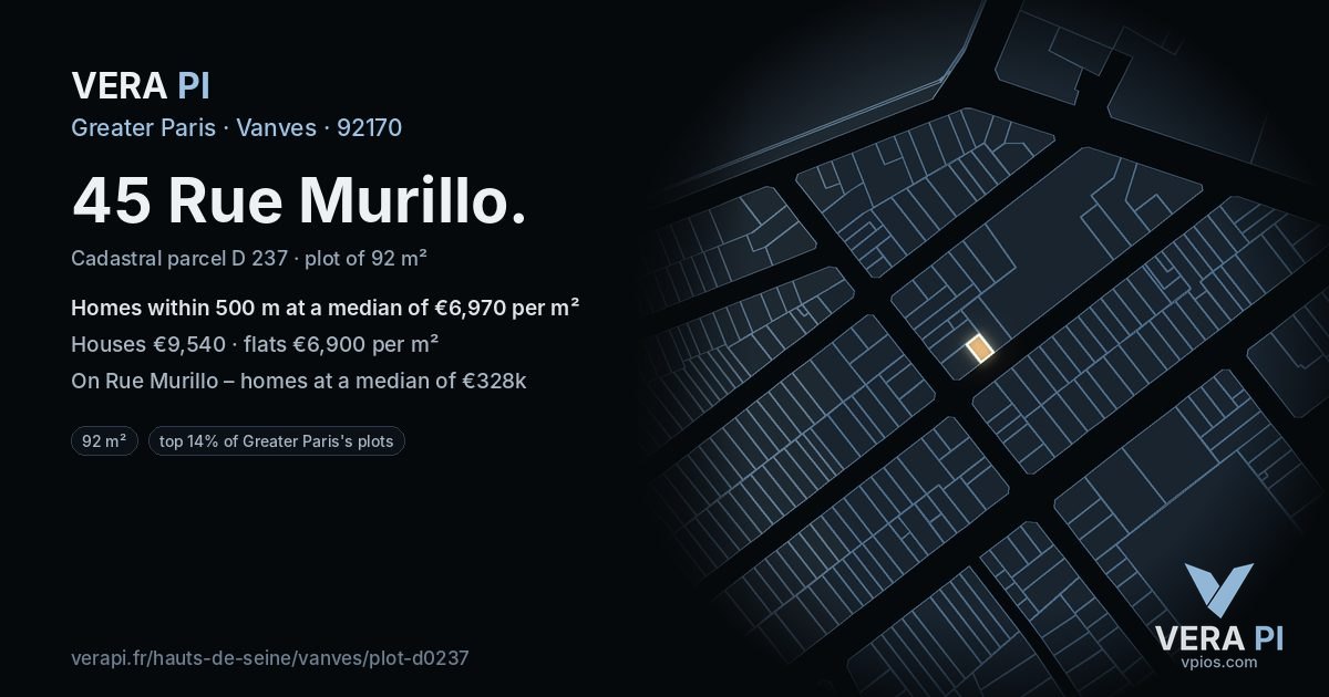 45 Rue Murillo, Vanves at night – the plot lit, the parcels around coloured by the prices near them