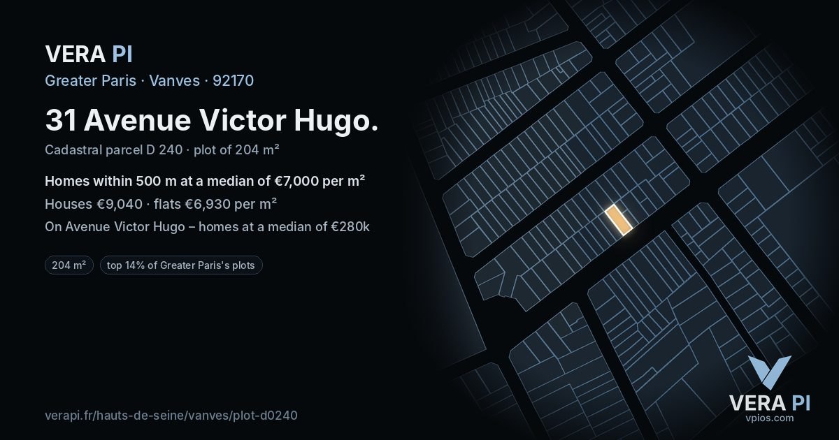 31 Avenue Victor Hugo, Vanves at night – the plot lit, the parcels around coloured by the prices near them