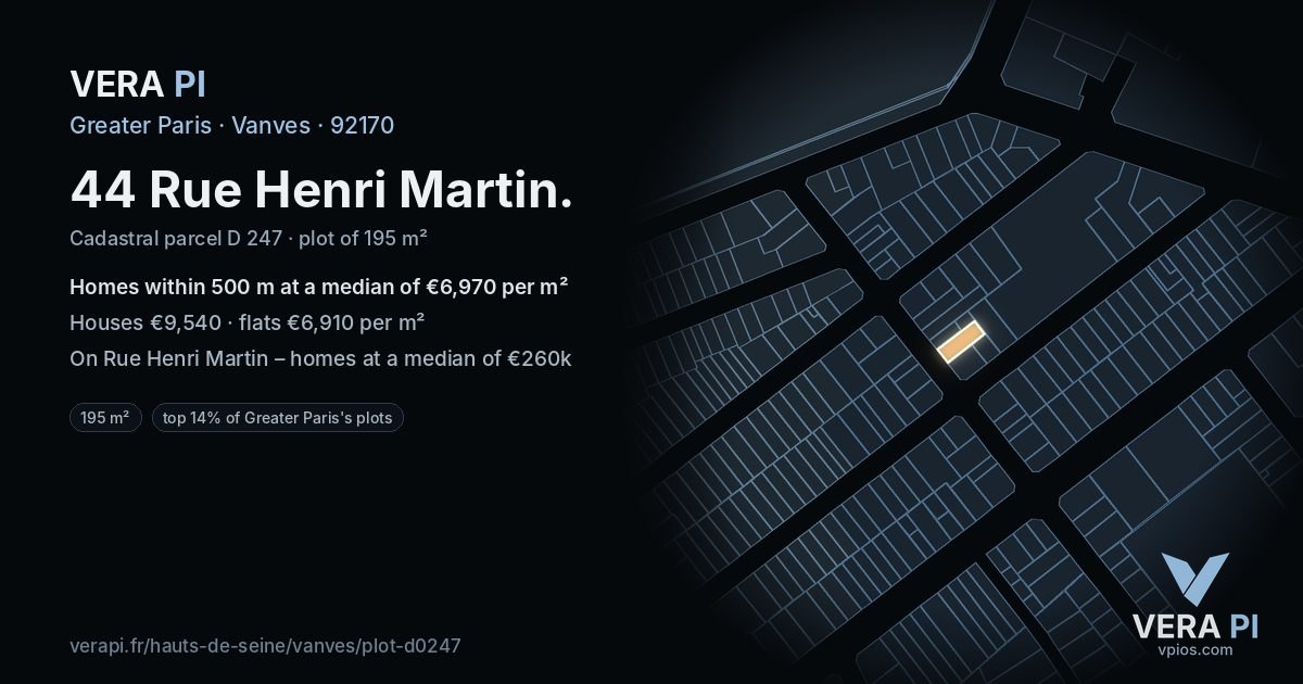44 Rue Henri Martin, Vanves at night – the plot lit, the parcels around coloured by the prices near them