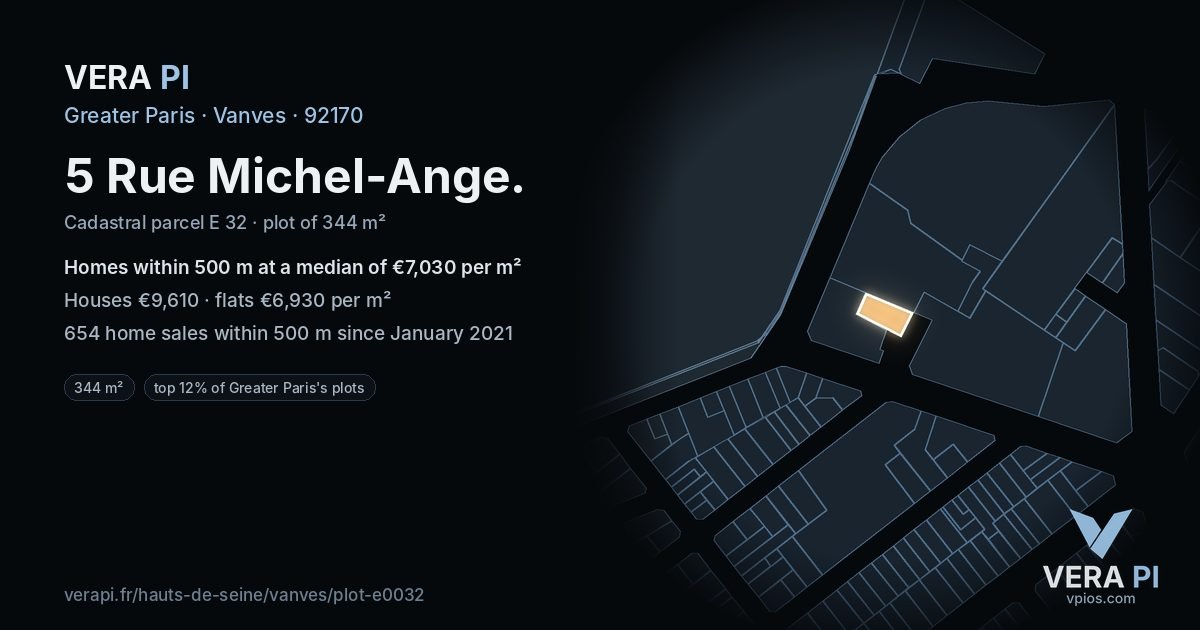 5 Rue Michel-Ange, Vanves at night – the plot lit, the parcels around coloured by the prices near them