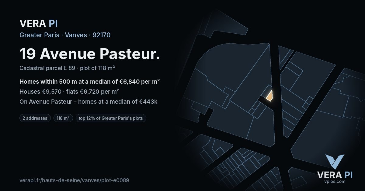 19 Avenue Pasteur, Vanves at night – the plot lit, the parcels around coloured by the prices near them