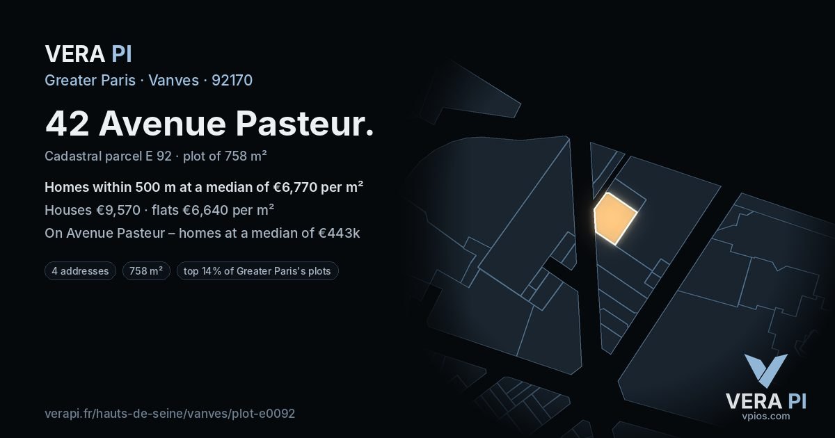 42 Avenue Pasteur, Vanves at night – the plot lit, the parcels around coloured by the prices near them