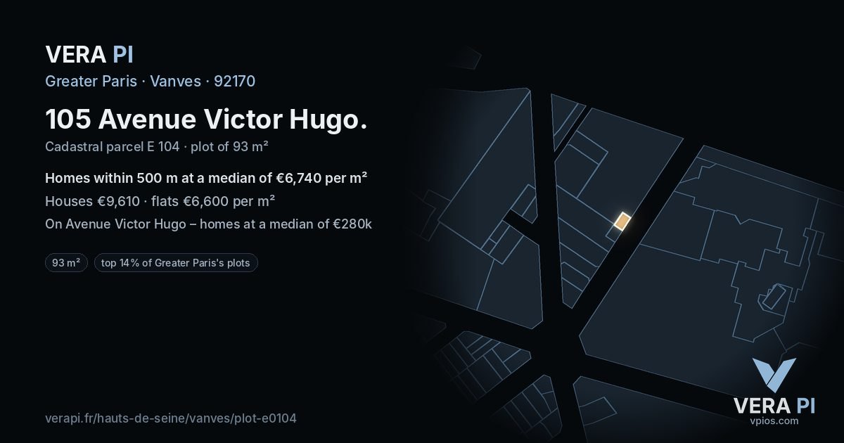 105 Avenue Victor Hugo, Vanves at night – the plot lit, the parcels around coloured by the prices near them