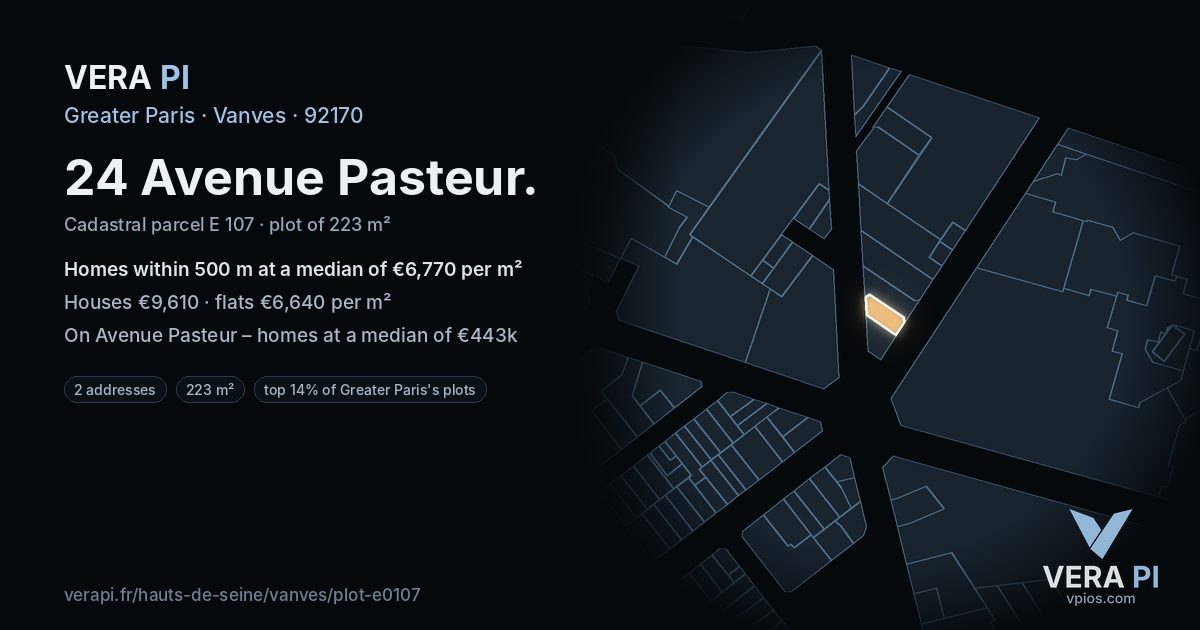 24 Avenue Pasteur, Vanves at night – the plot lit, the parcels around coloured by the prices near them