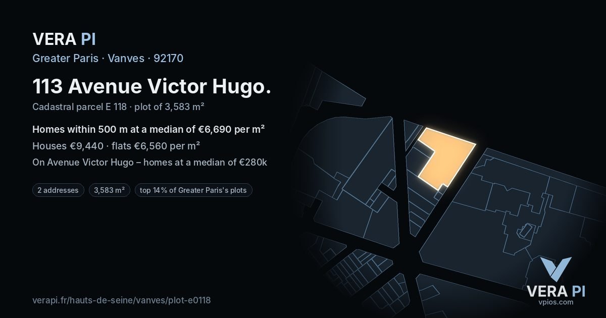 113 Avenue Victor Hugo, Vanves at night – the plot lit, the parcels around coloured by the prices near them
