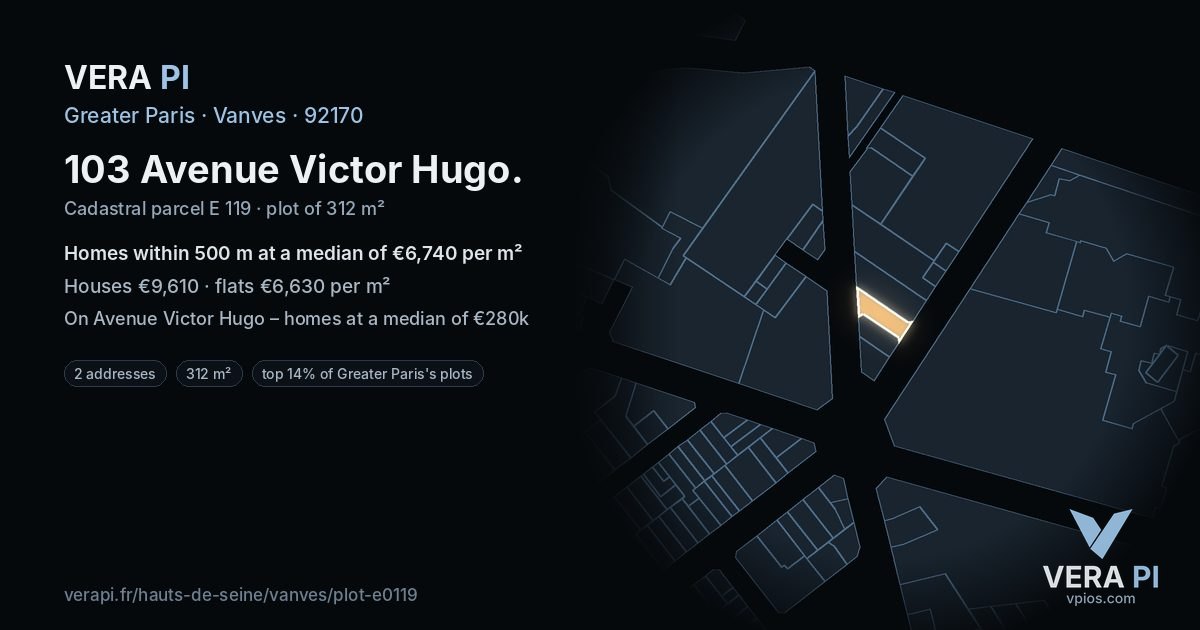 103 Avenue Victor Hugo, Vanves at night – the plot lit, the parcels around coloured by the prices near them