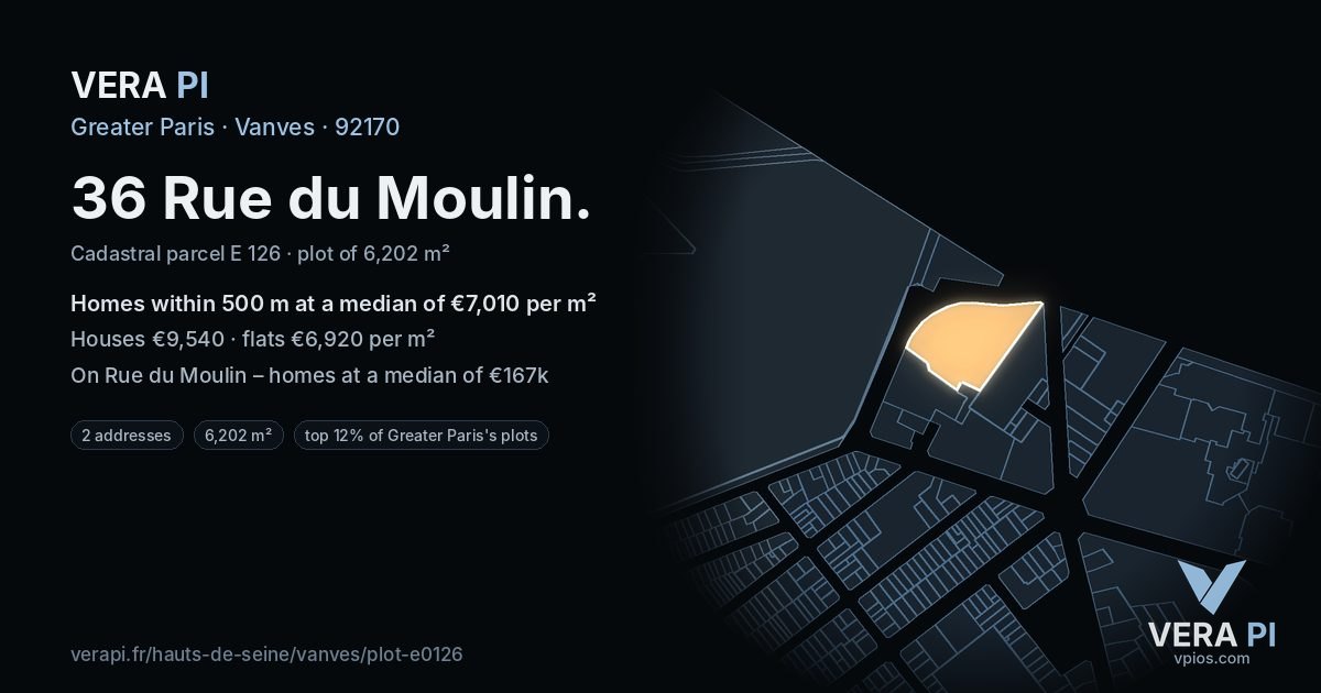 36 Rue du Moulin, Vanves at night – the plot lit, the parcels around coloured by the prices near them