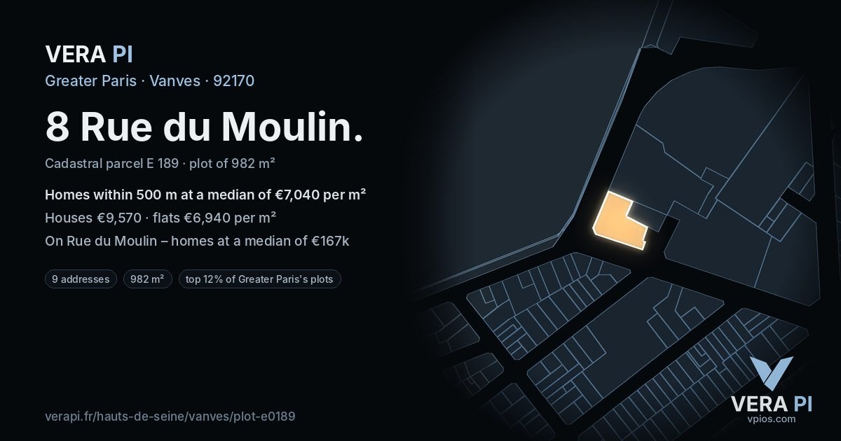 8 Rue du Moulin, Vanves at night – the plot lit, the parcels around coloured by the prices near them