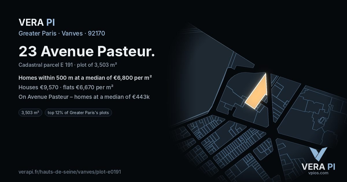23 Avenue Pasteur, Vanves at night – the plot lit, the parcels around coloured by the prices near them