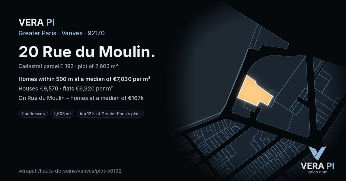 20 Rue du Moulin, Vanves at night – the plot lit, the parcels around coloured by the prices near them
