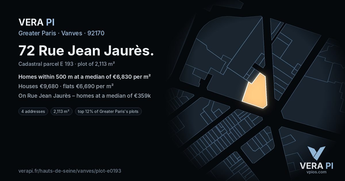 72 Rue Jean Jaurès, Vanves at night – the plot lit, the parcels around coloured by the prices near them