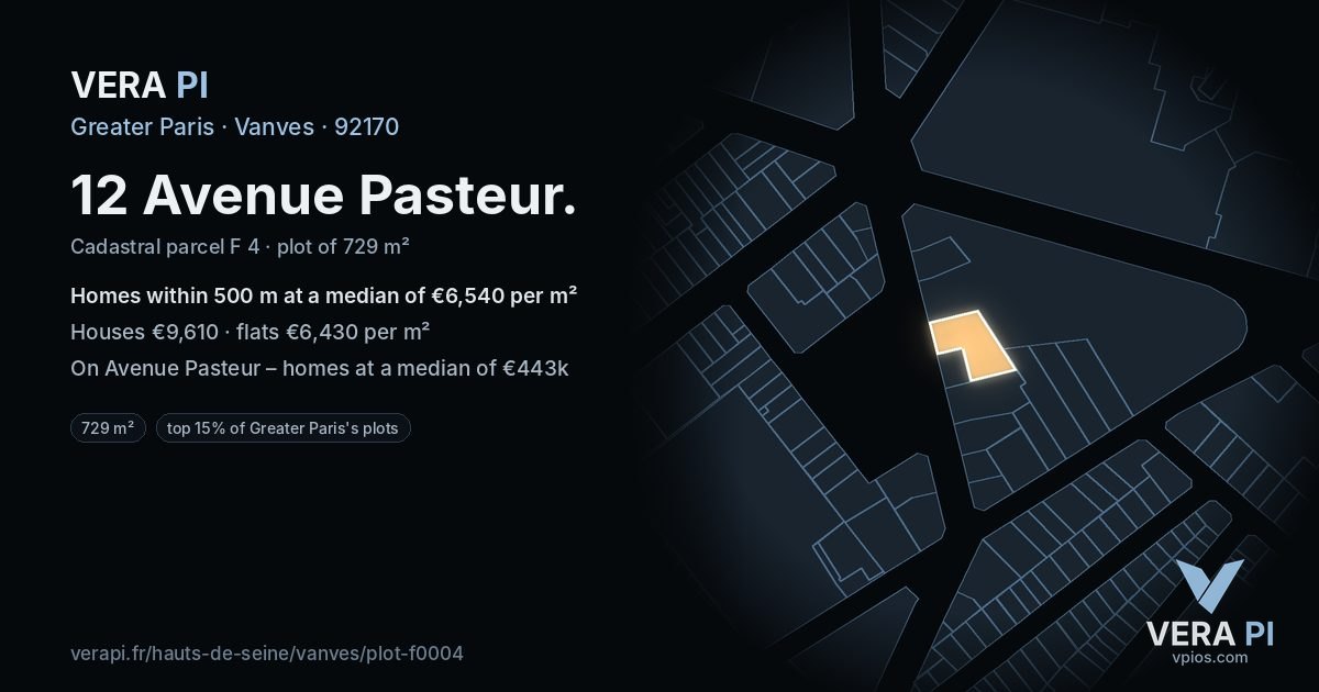 12 Avenue Pasteur, Vanves at night – the plot lit, the parcels around coloured by the prices near them