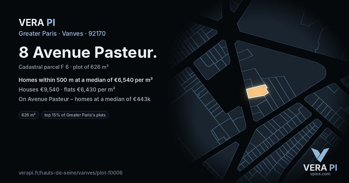 8 Avenue Pasteur, Vanves at night – the plot lit, the parcels around coloured by the prices near them