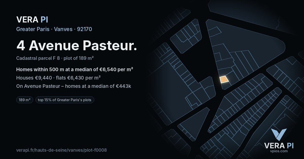 4 Avenue Pasteur, Vanves at night – the plot lit, the parcels around coloured by the prices near them