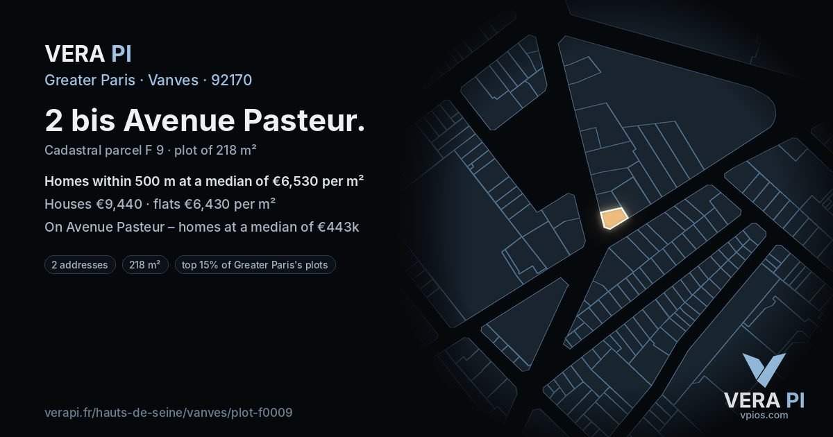 2 bis Avenue Pasteur, Vanves at night – the plot lit, the parcels around coloured by the prices near them