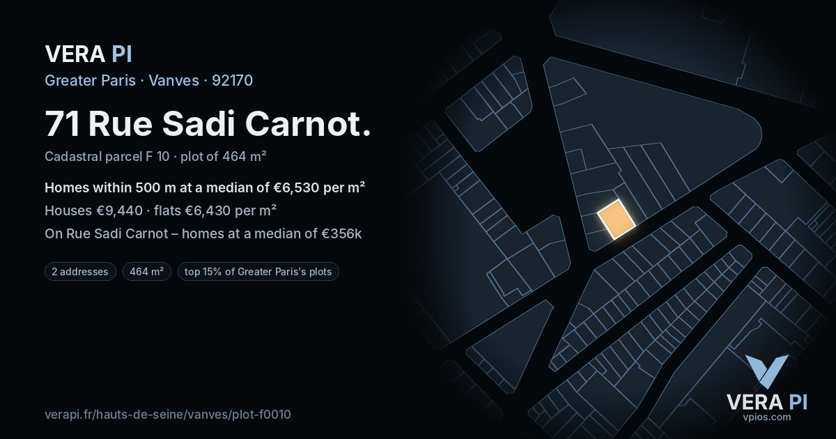 71 Rue Sadi Carnot, Vanves at night – the plot lit, the parcels around coloured by the prices near them