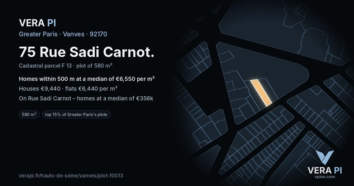 75 Rue Sadi Carnot, Vanves at night – the plot lit, the parcels around coloured by the prices near them