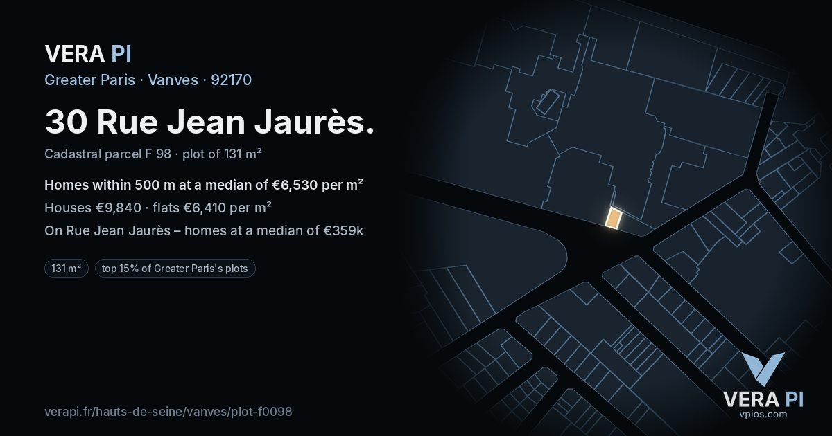 30 Rue Jean Jaurès, Vanves at night – the plot lit, the parcels around coloured by the prices near them