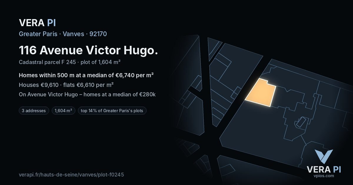116 Avenue Victor Hugo, Vanves at night – the plot lit, the parcels around coloured by the prices near them