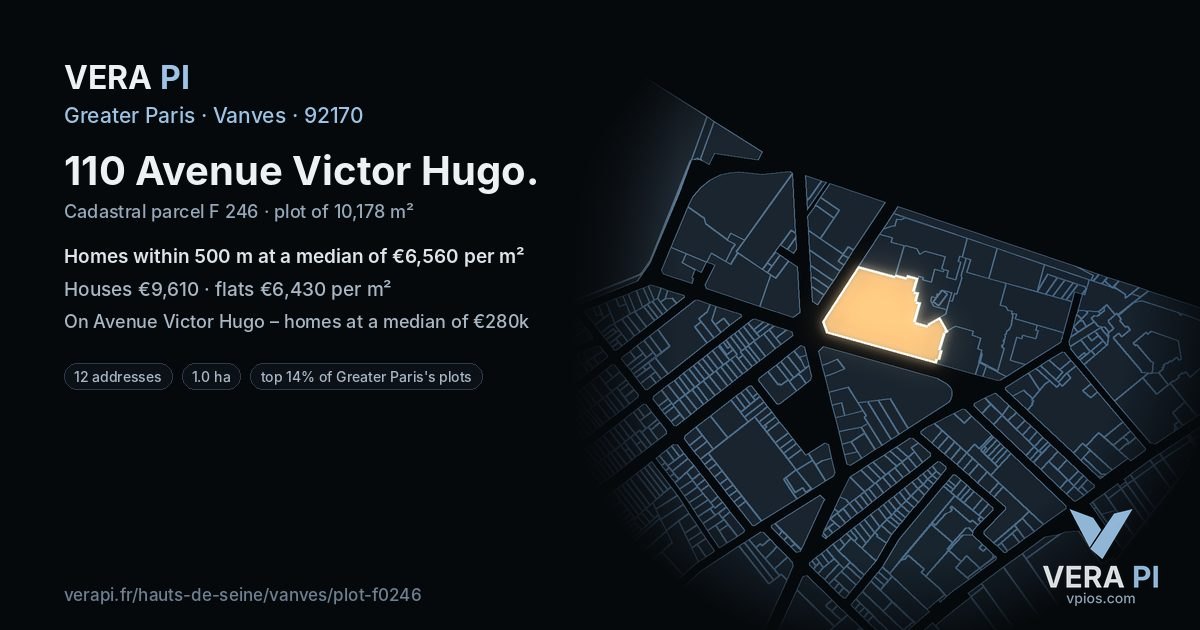 110 Avenue Victor Hugo, Vanves at night – the plot lit, the parcels around coloured by the prices near them