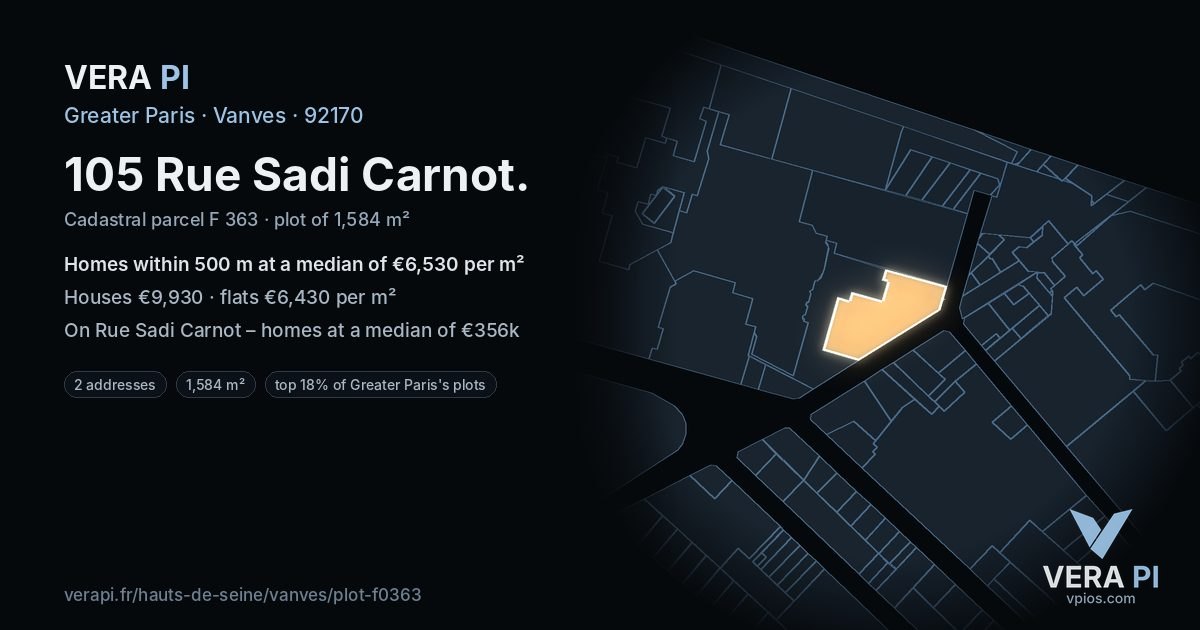 105 Rue Sadi Carnot, Vanves at night – the plot lit, the parcels around coloured by the prices near them