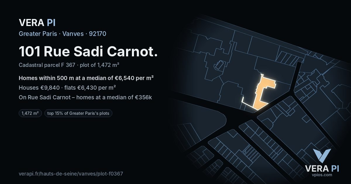 101 Rue Sadi Carnot, Vanves at night – the plot lit, the parcels around coloured by the prices near them