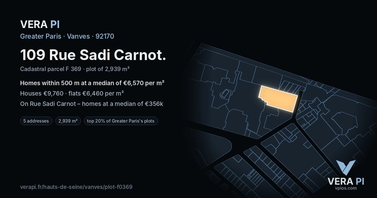 109 Rue Sadi Carnot, Vanves at night – the plot lit, the parcels around coloured by the prices near them