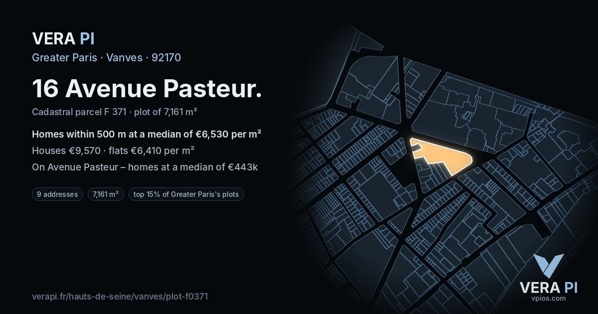 16 Avenue Pasteur, Vanves at night – the plot lit, the parcels around coloured by the prices near them