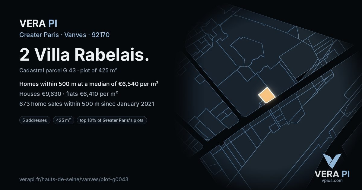 2 Villa Rabelais, Vanves at night – the plot lit, the parcels around coloured by the prices near them