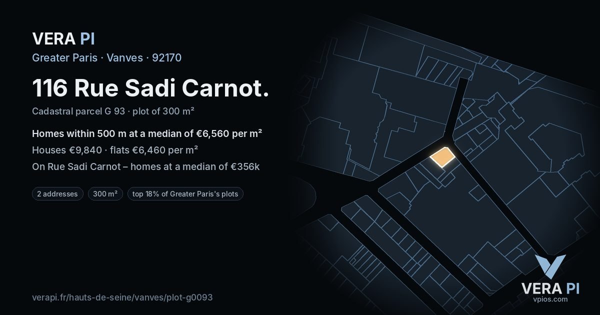 116 Rue Sadi Carnot, Vanves at night – the plot lit, the parcels around coloured by the prices near them